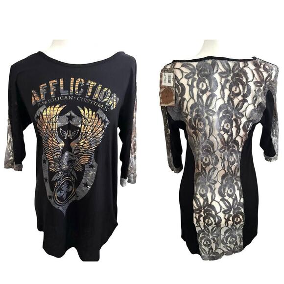 AFFLICTION Death Spade Chrome T-Shirt Blue Braided Back Tee Women’s Sz XL - NWT - Picture 1 of 5